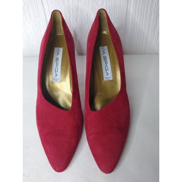 Via Spiga Women 9.5 B Red Suede Curved 3.5" Heel Pumps Leather Pointed Toe Italy - Picture 2 of 9